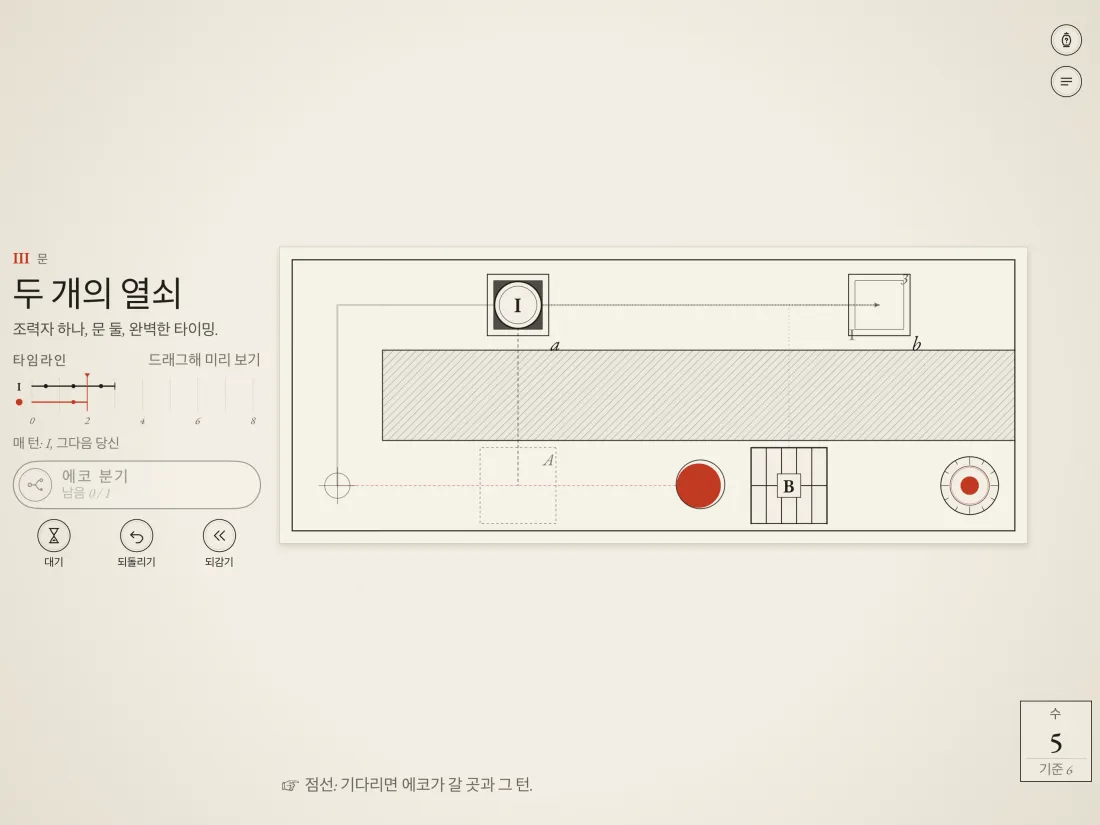 iPad와 iPhone에서 실행 중인 ChronoTrace: 에코가 문을 열어 두는 동안 플레이어가 다른 길로 갑니다.